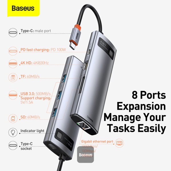 Baseus USB-C Multi-Port Hub 3xUSB + HDMI1.4 + RJ45 + Card Reader + 1xUSB-C with Power Delivery 5